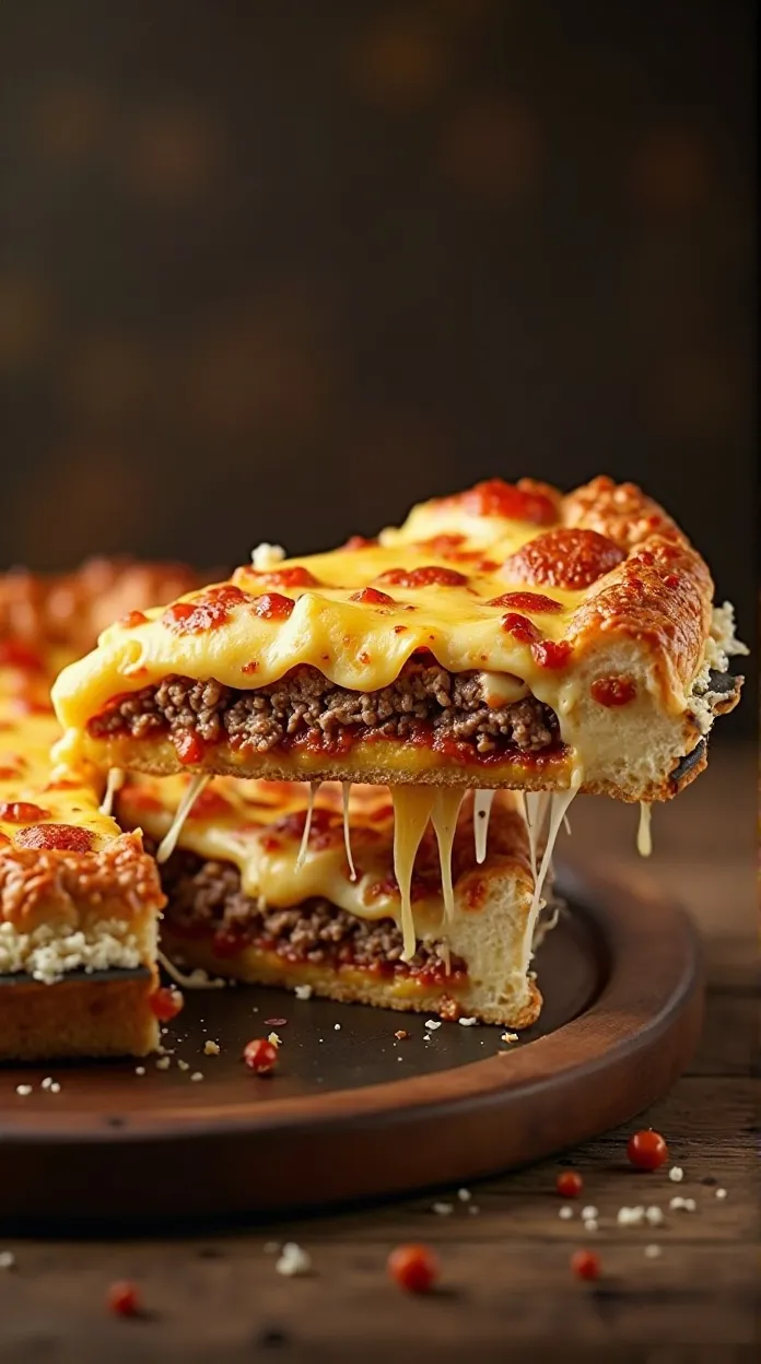 cheesy pizza burger pie slice