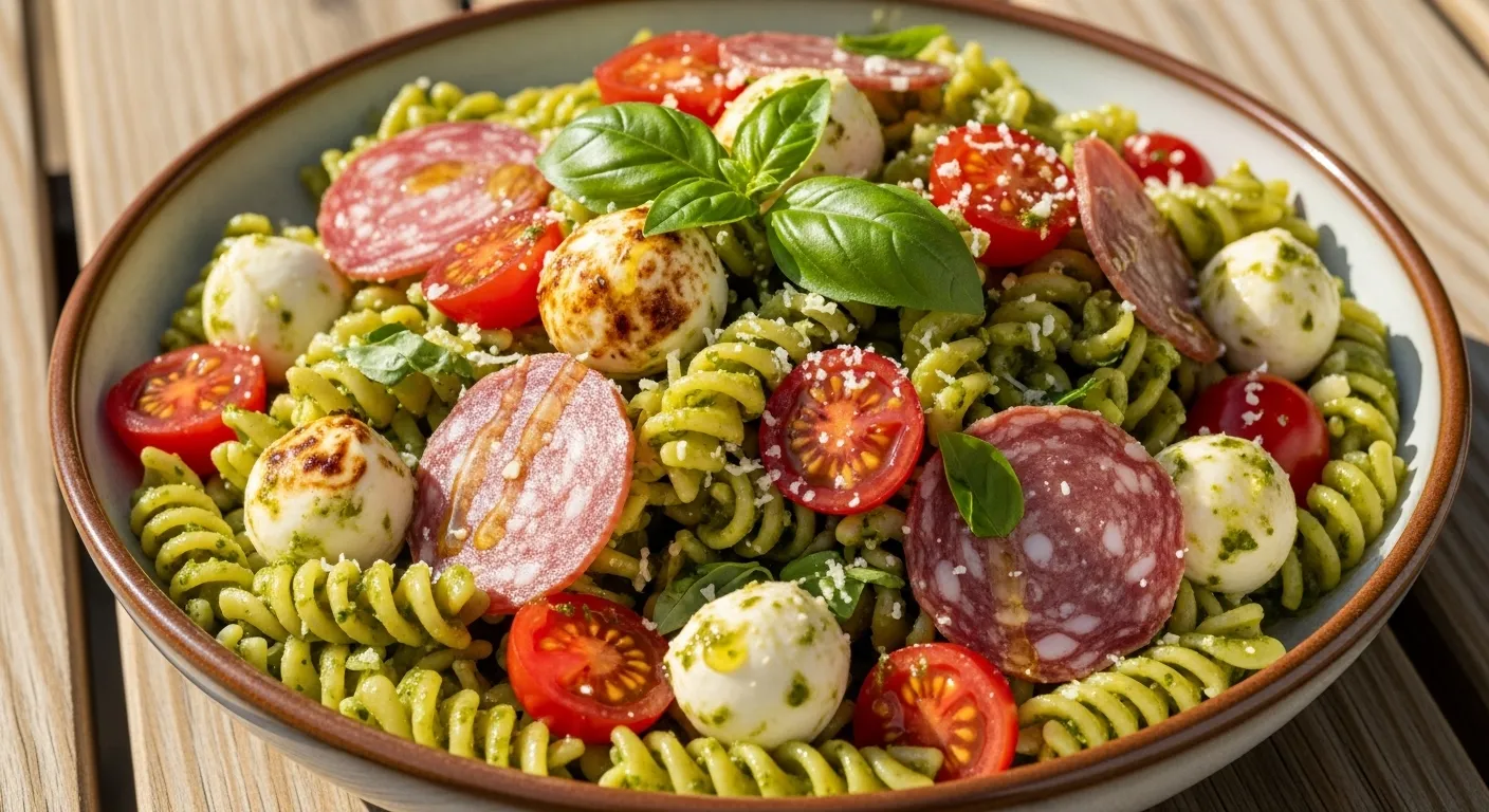 Italian Pesto Pasta Salad with Salami and Cheese