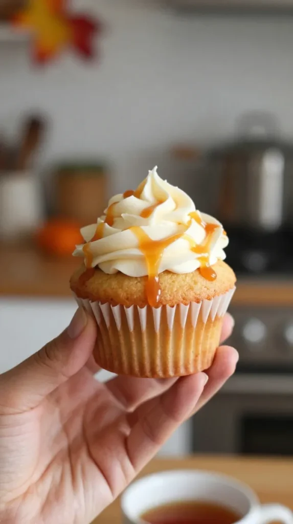 A hand holding a frosted cupcake