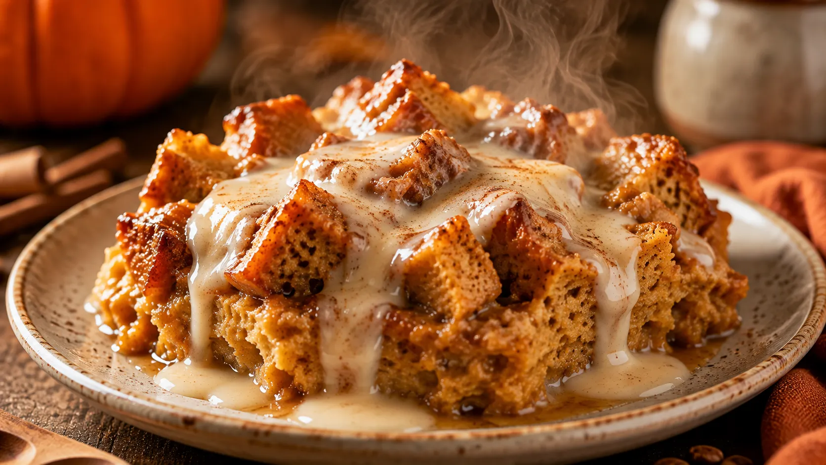 Pumpkin Bread Pudding with Vanilla Sauce