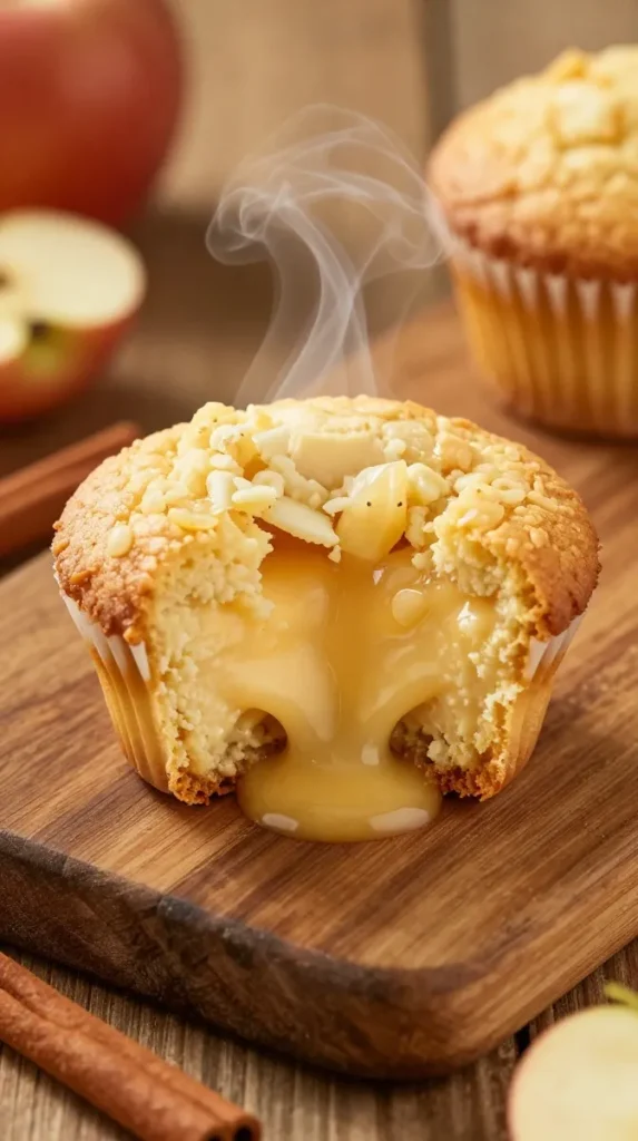 apple cider cheesecake muffin torn in half