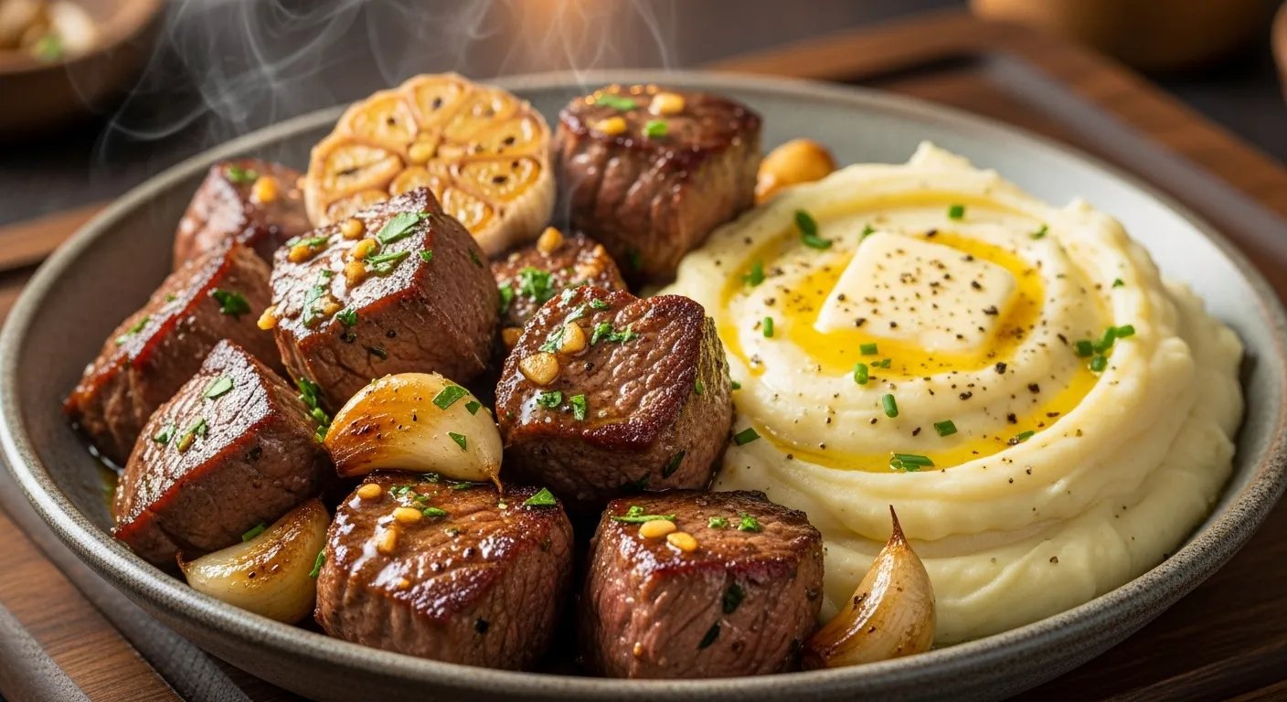Juicy Garlic Butter Steak Bites with Creamy Mash